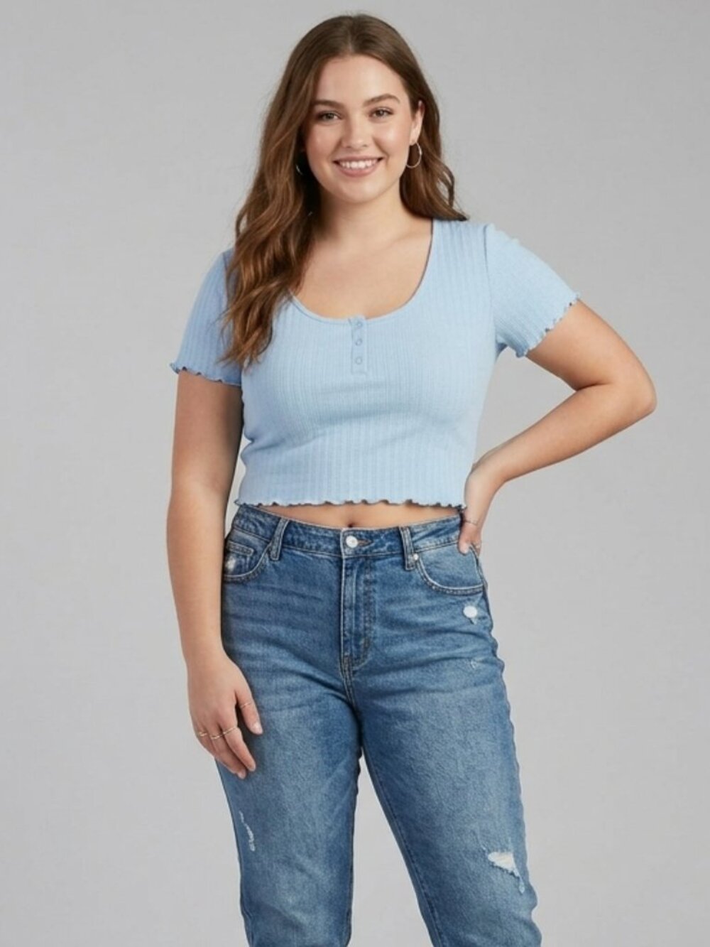 BP Crop Top Pastel Light Blue Buttons Casual Neutral Solid Texture Y2K Style